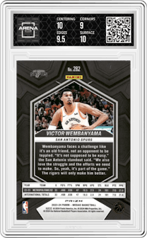 Victor Wembanyama from the 2023-24 Panini Mosaic set featuring a Mosaic parallel graded by Arena Club and given an overall grade of 9.5.