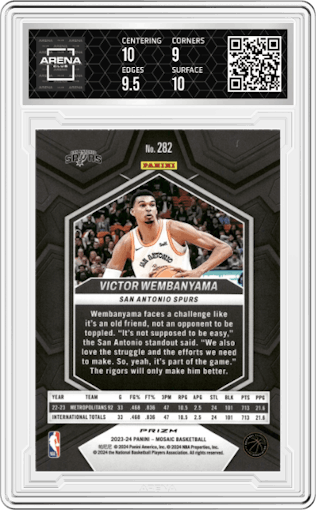 Victor Wembanyama from the 2023-24 Panini Mosaic set featuring a Mosaic parallel graded by Arena Club and given an overall grade of 9.5.
