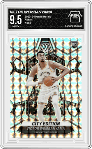 Victor Wembanyama from the 2023-24 Panini Mosaic set featuring a Mosaic parallel graded by Arena Club and given an overall grade of 9.5.