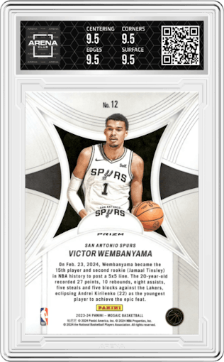 Victor Wembanyama from the 2023-24 Panini Mosaic set featuring a Green Mosaic parallel graded by Arena Club and given an overall grade of 9.5.