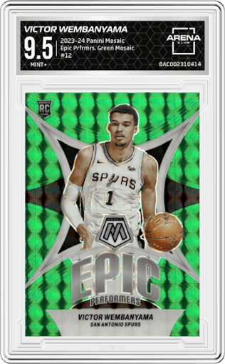 Victor Wembanyama from the 2023-24 Panini Mosaic set featuring a Green Mosaic parallel graded by Arena Club and given an overall grade of 9.5.