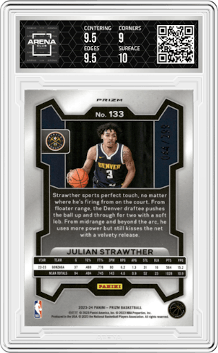 Julian Strawther from the 2023-24 Panini Prizm set featuring a Red Seismic  parallel graded by Arena Club and given an overall grade of 9.5.
