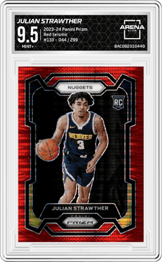 Julian Strawther from the 2023-24 Panini Prizm set featuring a Red Seismic  parallel graded by Arena Club and given an overall grade of 9.5.