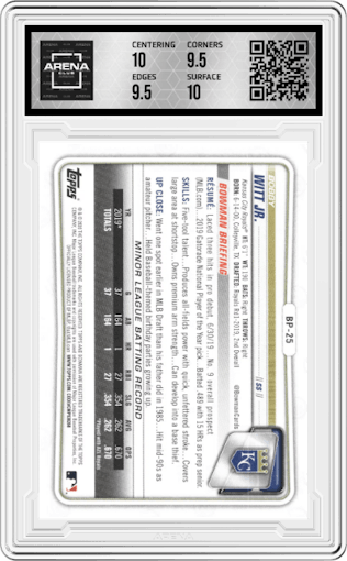 Bobby Witt Jr. from the 2020 Bowman set graded by Arena Club and given an overall grade of 10.
