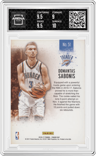 Domantas Sabonis from the 2016-17 Panini Day set featuring a Thick parallel graded by Arena Club and given an overall grade of 9.5.