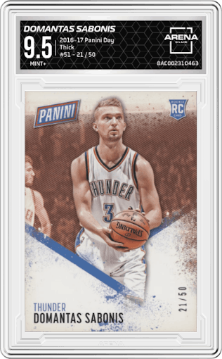 Domantas Sabonis from the 2016-17 Panini Day set featuring a Thick parallel graded by Arena Club and given an overall grade of 9.5.