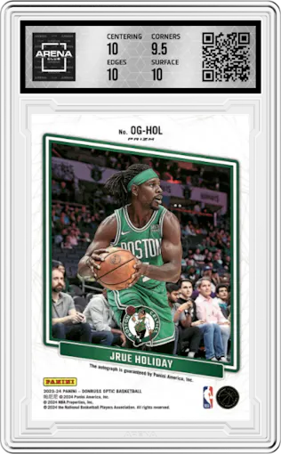 Jrue Holiday from the 2023-24 Donruss Optic set featuring a Green International parallel graded by Arena Club and given an overall grade of 10.