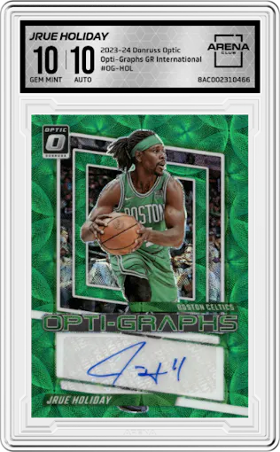 Jrue Holiday from the 2023-24 Donruss Optic set featuring a Green International parallel graded by Arena Club and given an overall grade of 10.