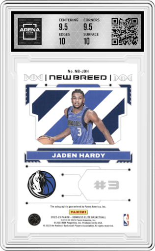 Jaden Hardy from the 2022-23 Donruss Elite set graded by Arena Club and given an overall grade of 10.