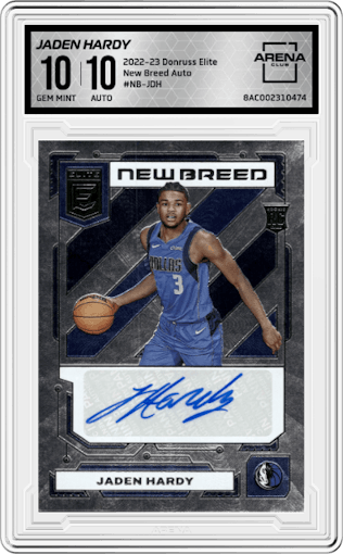 Jaden Hardy from the 2022-23 Donruss Elite set graded by Arena Club and given an overall grade of 10.