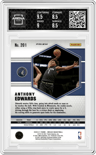 Anthony Edwards from the 2020-21 Panini Mosaic set featuring a Reactive Yellow parallel graded by Arena Club and given an overall grade of 9.
