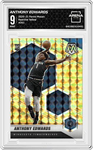 Anthony Edwards from the 2020-21 Panini Mosaic set featuring a Reactive Yellow parallel graded by Arena Club and given an overall grade of 9.