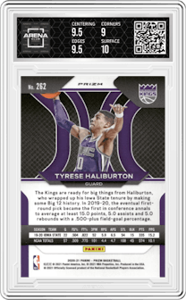 Tyrese Haliburton from the 2020-21 Panini Prizm set featuring a Orange Ice parallel graded by Arena Club and given an overall grade of 9.5.