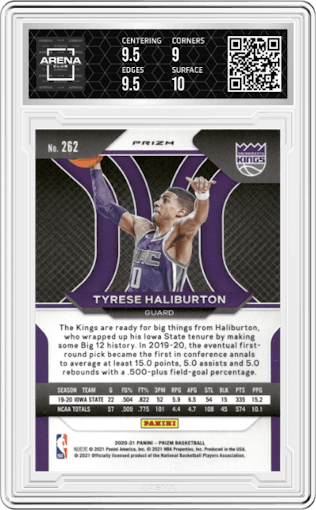 Tyrese Haliburton from the 2020-21 Panini Prizm set featuring a Orange Ice parallel graded by Arena Club and given an overall grade of 9.5.