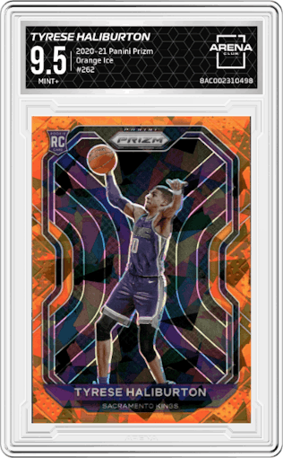 Tyrese Haliburton from the 2020-21 Panini Prizm set featuring a Orange Ice parallel graded by Arena Club and given an overall grade of 9.5.