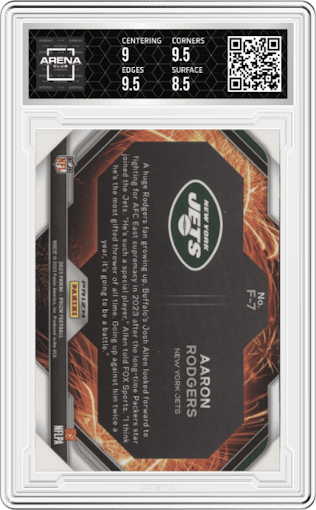 Aaron Rodgers from the 2023 Panini Prizm set featuring a Green Prizm parallel graded by Arena Club and given an overall grade of 9.
