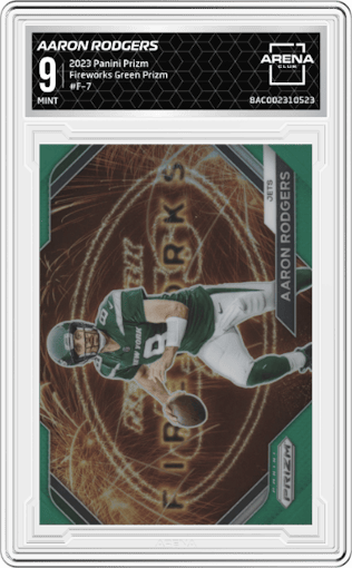 Aaron Rodgers from the 2023 Panini Prizm set featuring a Green Prizm parallel graded by Arena Club and given an overall grade of 9.