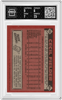 Cecil Fielder from the 1986 Topps set graded by Arena Club and given an overall grade of 6.5.