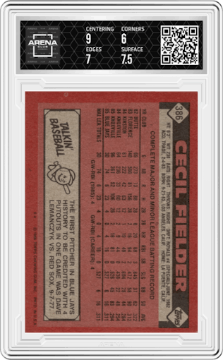 Cecil Fielder from the 1986 Topps set graded by Arena Club and given an overall grade of 6.5.