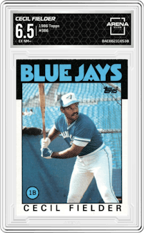 Cecil Fielder from the 1986 Topps set graded by Arena Club and given an overall grade of 6.5.