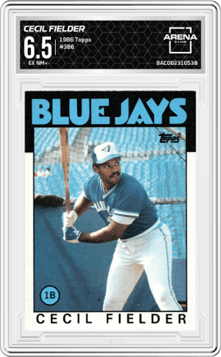 Cecil Fielder from the 1986 Topps set graded by Arena Club and given an overall grade of 6.5.