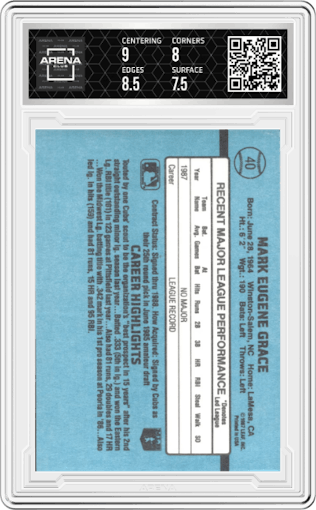 Mark Grace from the 1988 Donruss set graded by Arena Club and given an overall grade of 8.