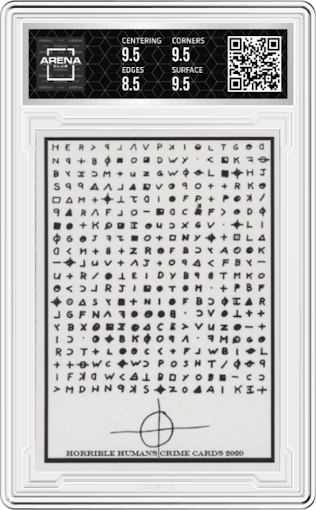 Zodiac Killer Wanted from the 2020 Horrible Humans Crime Cards set graded by Arena Club and given an overall grade of 9.