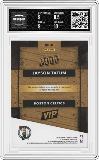 Jayson Tatum from the 2019 Panini The National VIP set graded by Arena Club and given an overall grade of 9.