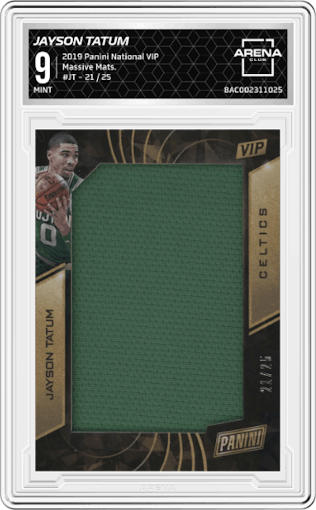 Jayson Tatum from the 2019 Panini The National VIP set graded by Arena Club and given an overall grade of 9.
