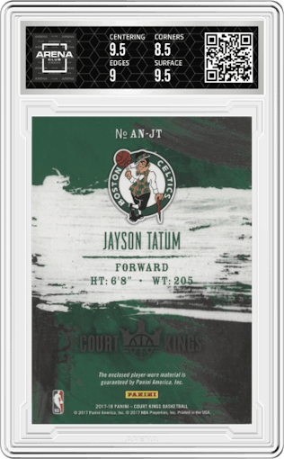 Jayson Tatum from the 2017-18 Panini Court Kings Basketball set graded by Arena Club and given an overall grade of 9.