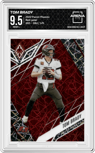 Tom Brady from the 2022 Panini Phoenix set featuring a Red Lazer parallel graded by Arena Club and given an overall grade of 9.5.