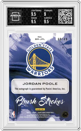 Jordan Poole from the 2020-21 Panini Court Kings set featuring a Ruby parallel graded by Arena Club and given an overall grade of 9.5.