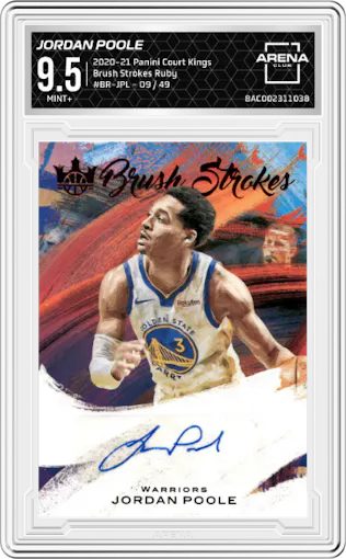 Jordan Poole from the 2020-21 Panini Court Kings set featuring a Ruby parallel graded by Arena Club and given an overall grade of 9.5.