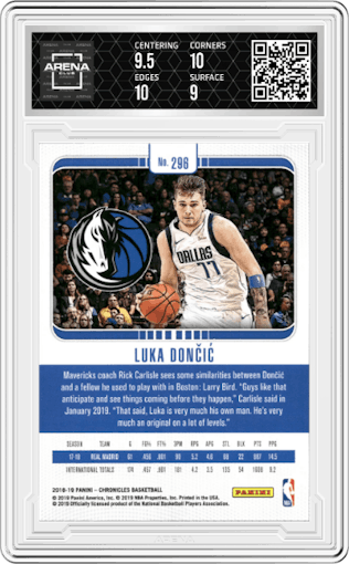 Luka Doncic from the 2018-19 Panini Chronicles set graded by Arena Club and given an overall grade of 9.5.
