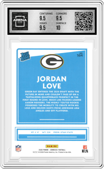 Jordan Love from the 2020 Panini Donruss set featuring a Press Proof Blue  parallel graded by Arena Club and given an overall grade of 10.