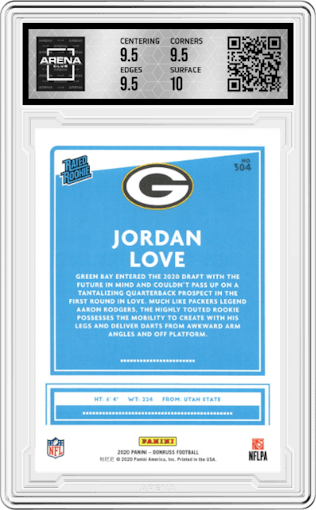 Jordan Love from the 2020 Panini Donruss set featuring a Press Proof Blue  parallel graded by Arena Club and given an overall grade of 10.