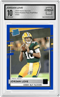 Jordan Love from the 2020 Panini Donruss set featuring a Press Proof Blue  parallel graded by Arena Club and given an overall grade of 10.