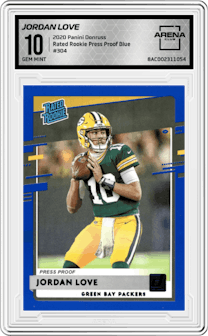 Jordan Love from the 2020 Panini Donruss set featuring a Press Proof Blue  parallel graded by Arena Club and given an overall grade of 10.