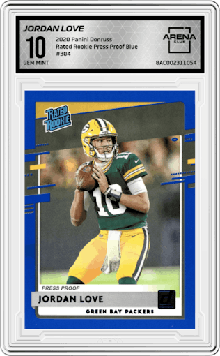 Jordan Love from the 2020 Panini Donruss set featuring a Press Proof Blue  parallel graded by Arena Club and given an overall grade of 10.