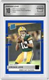 Jordan Love from the 2020 Panini Donruss set featuring a Press Proof Blue parallel graded by Arena Club and given an overall grade of 10.
