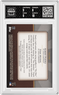 Albert Pujols/Stan Musial from the 2011 Topps Tribute set graded by Arena Club and given an overall grade of 8.5.