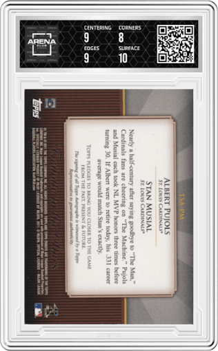 Albert Pujols/Stan Musial from the 2011 Topps Tribute set graded by Arena Club and given an overall grade of 8.5.
