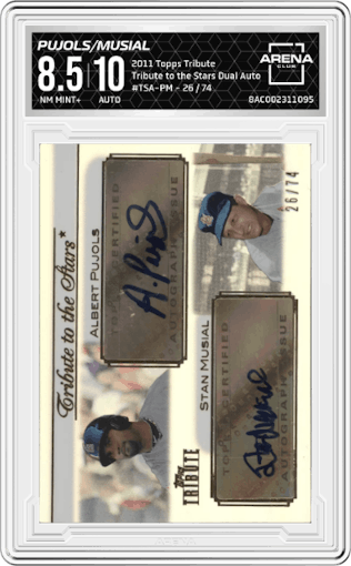 Albert Pujols/Stan Musial from the 2011 Topps Tribute set graded by Arena Club and given an overall grade of 8.5.