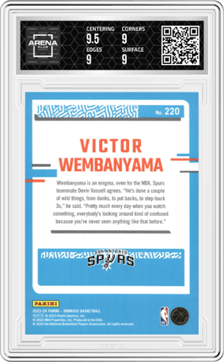 Victor Wembanyama from the 2023-24 Panini Donruss set featuring a Red parallel graded by Arena Club and given an overall grade of 9.