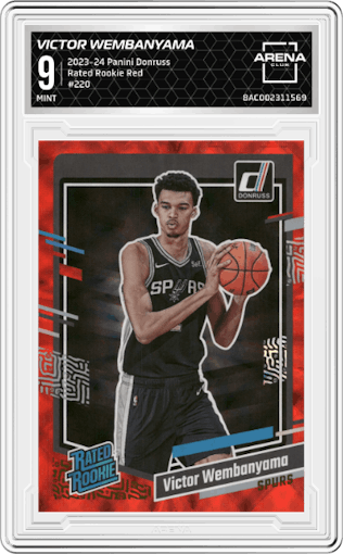 Victor Wembanyama from the 2023-24 Panini Donruss set featuring a Red parallel graded by Arena Club and given an overall grade of 9.