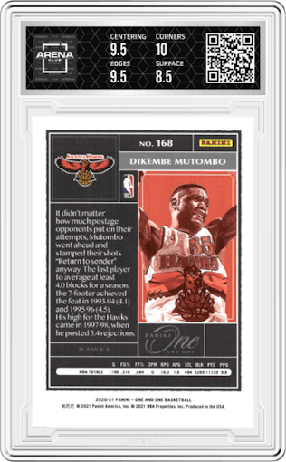 Dikembe Mutombo from the 2020-21 Panini One and One set featuring a Green parallel graded by Arena Club and given an overall grade of 9.