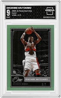 Dikembe Mutombo from the 2020-21 Panini One and One set featuring a Green parallel graded by Arena Club and given an overall grade of 9.