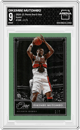Dikembe Mutombo from the 2020-21 Panini One and One set featuring a Green parallel graded by Arena Club and given an overall grade of 9.