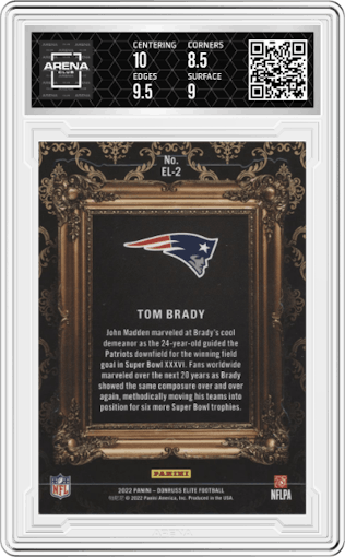 Tom Brady from the 2022 Panini Donruss Elite set featuring a Orange parallel graded by Arena Club and given an overall grade of 9.