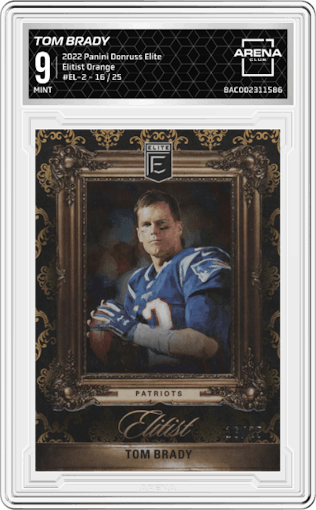 Tom Brady from the 2022 Panini Donruss Elite set featuring a Orange parallel graded by Arena Club and given an overall grade of 9.